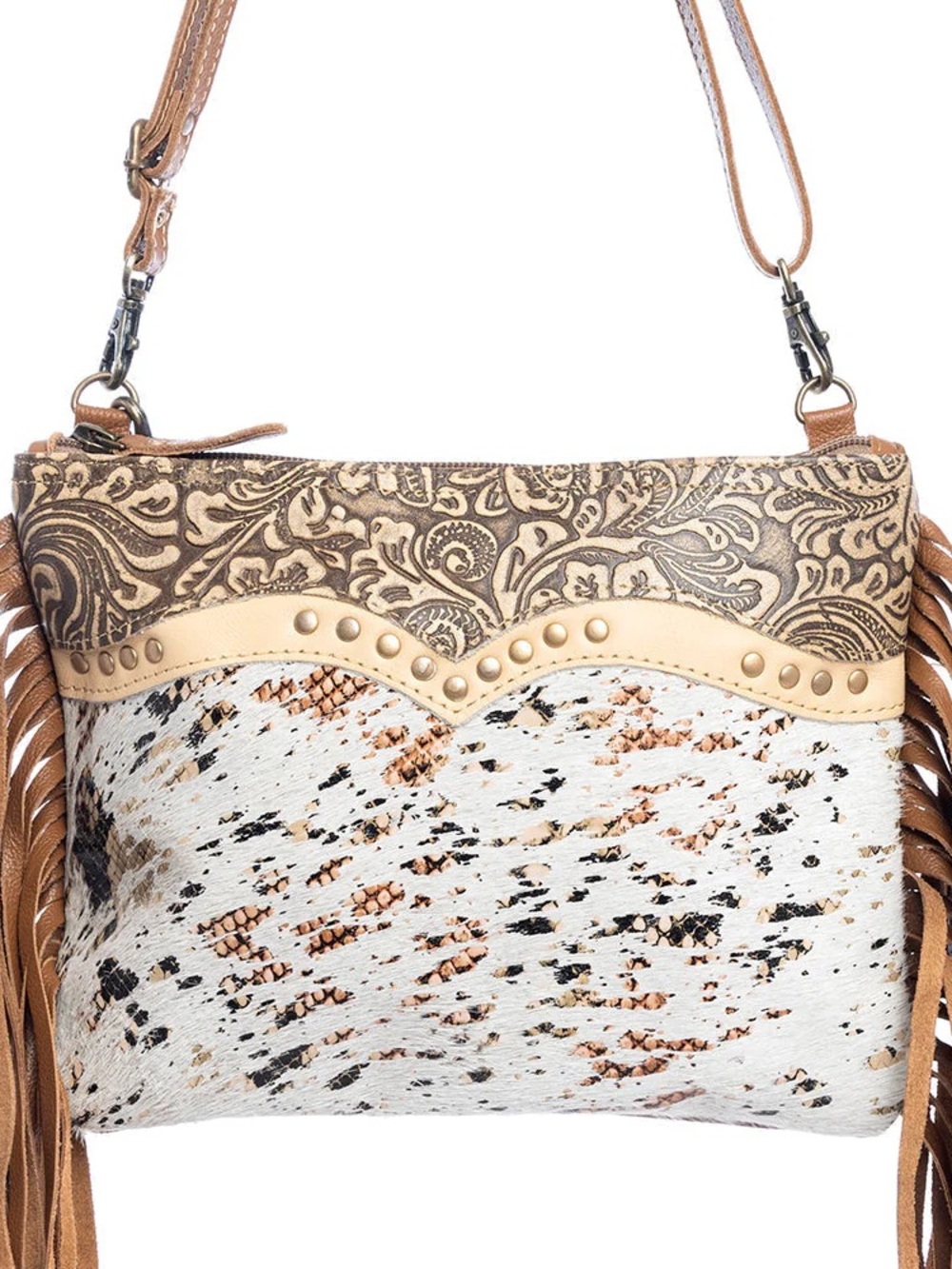 Myra Bag Tan & White Western Fringe Shoulder Bag